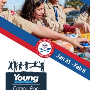 A promotional poster for Scouting for Food, a food drive organized by Scouting America’s Crossroads of the West Council. The poster features an image of Scouts in uniform collecting food donations. The event takes place from January 31 to February 8. The Young Automotive Group and Young Caring For Our Young is shown as a proud supporter of Scouting For Food. A QR code is included for more information.