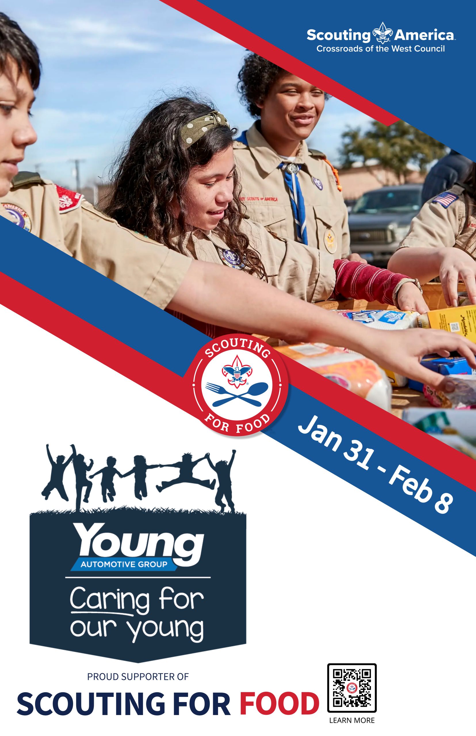 A promotional poster for Scouting for Food, a food drive organized by Scouting America’s Crossroads of the West Council. The poster features an image of Scouts in uniform collecting food donations. The event takes place from January 31 to February 8. The Young Automotive Group and Young Caring For Our Young is shown as a proud supporter of Scouting For Food. A QR code is included for more information.